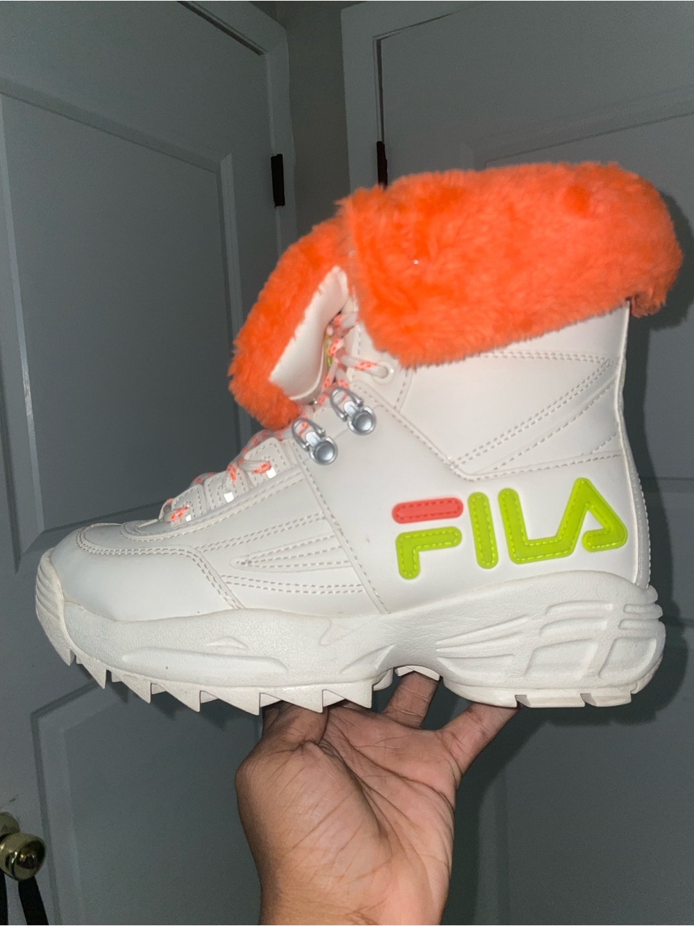 Fila Kids Cream Ankle Boot with Neon Green Logo and Bright Orange Fur Cuff